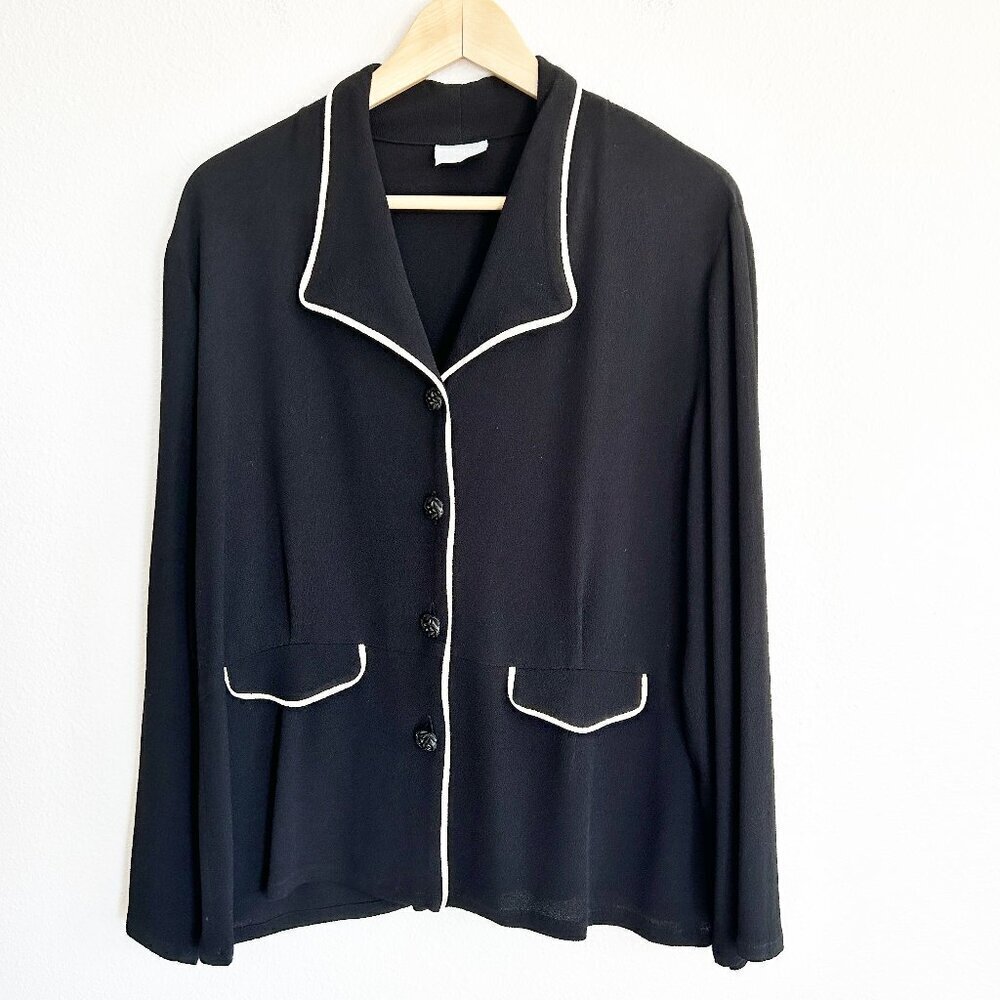 Vtg Niche Nilgun Derman Jacket Crepe Button Up Pinch Black White Trim